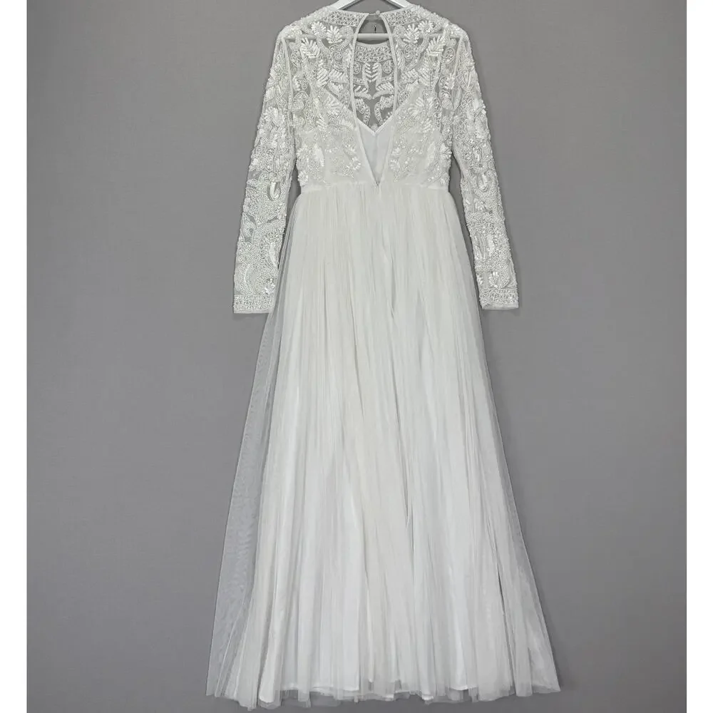 ASOS Bridal Elizabeth Long Sleeve Wedding Dress Womens 8 White Beaded Tulle Gown - Picture 3 of 14